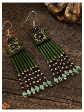 NWT Boho Green Glass Beaded Fringe Tassel Earrings Native Tribal Pattern